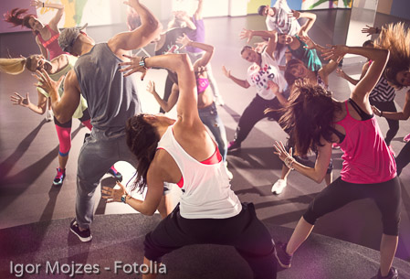 group of dancers at Zumba fitness training.