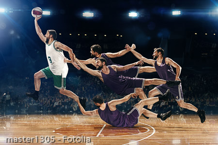 The collage from images of one basketball player with a ball against the fans