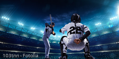 Professional baseball players on night grand arena