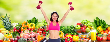 Happy young woman over diet background.